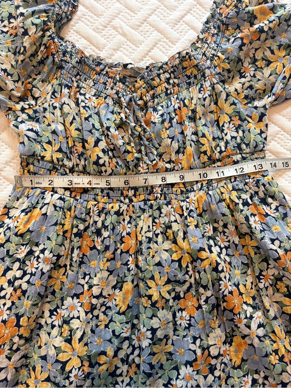 American Eagle Outfitters | Blue and Orange Floral Smocked Fall Mini Dress - Picture 7 of 9